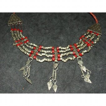 Antique Necklace with four strands of silver beads and coral