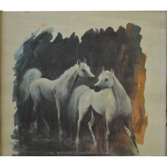 Antique Watercolor Aliaga. Pair of horses