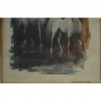Antique Watercolor Aliaga. Pair of horses