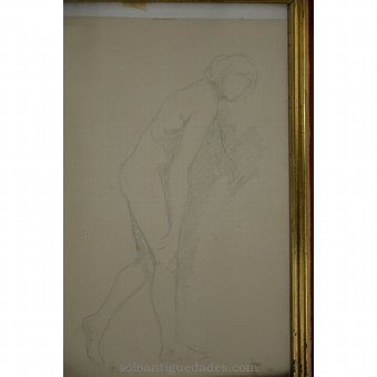 Antique Pencil drawing. Nude Woman
