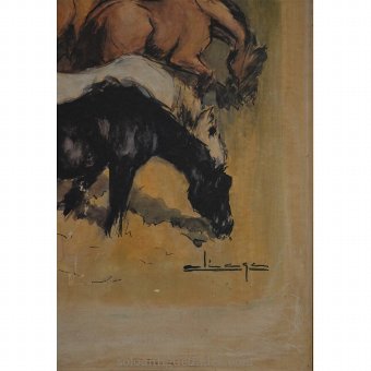 Antique Playing watercolor. Aliaga. Herd of horses.