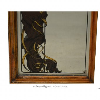 Antique Painting on glass. Vine leaves and grapes.