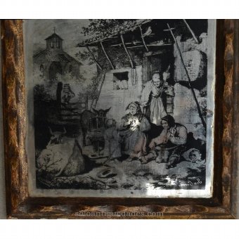 Antique Painting depicting peasants under glass spinning