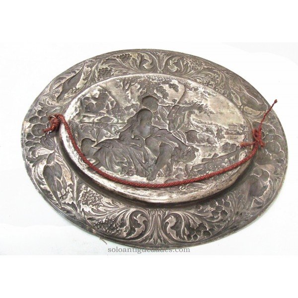 Brass tray with gallant scene