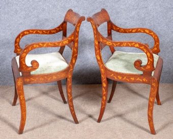 Antique Pair of Dutch Marquetry Elbow Chairs