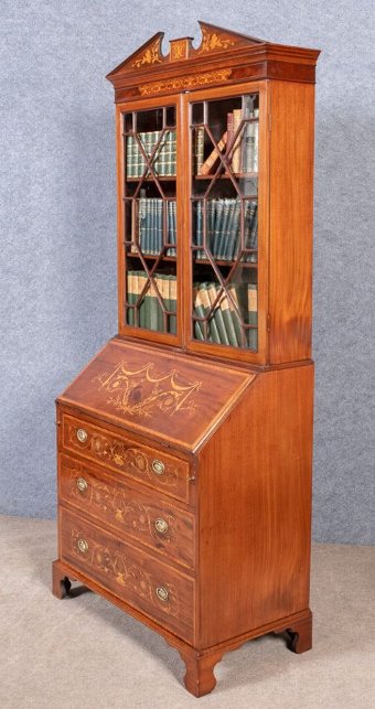 Antique Good Sheraton Revival Inlaid Bureau Bookcase