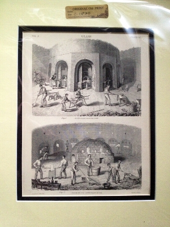 engraving of glass making. Antique drinking glasses.