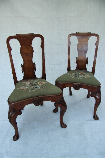 C 1920 Superb Pair of Walnut Side Chairs in the Manner of Queen Ann- George 1st 