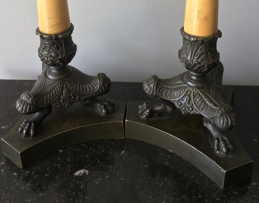 Antique FINE PAIR OF 19thc FRENCH BRONZE AND SIENNA MARBLE CANDLESTICKS 