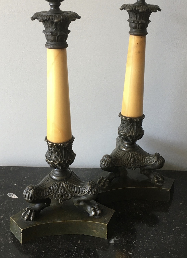 Antique FINE PAIR OF 19thc FRENCH BRONZE AND SIENNA MARBLE CANDLESTICKS 