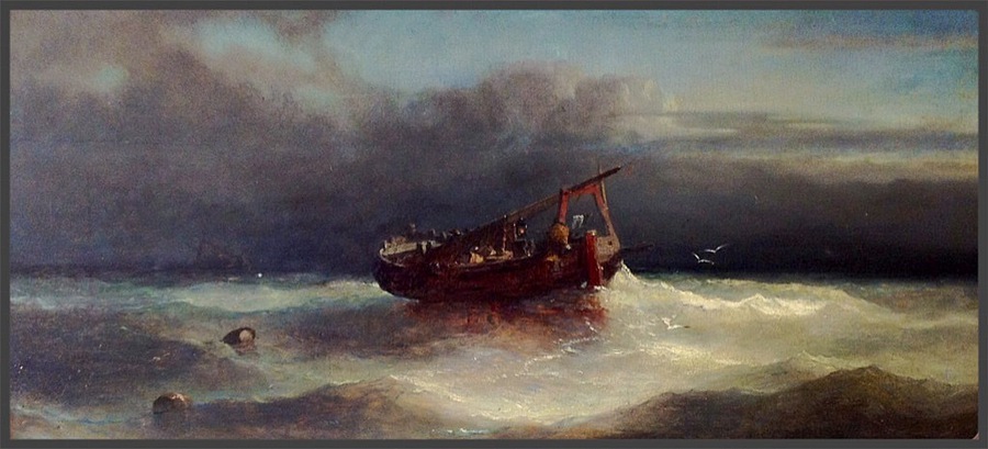 19th cent Oil Painting night fishing scence