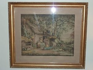 Hand coloured engraving of G Morland The Happy Cottagers 