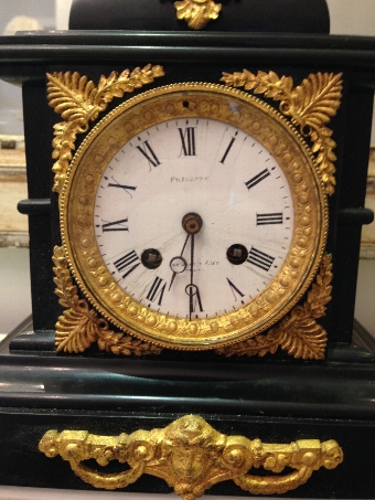 Antique French, Black Slate and Ormolu Mantel Clock 