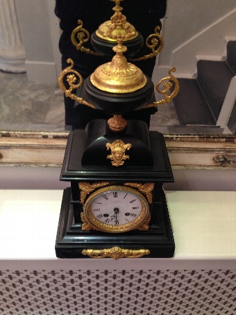 Antique French, Black Slate and Ormolu Mantel Clock 