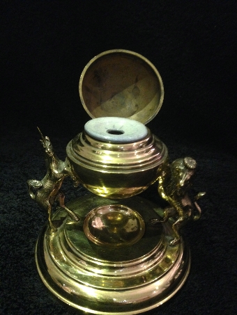 Antique Striking Lion and Unicorn Brass Inkwell