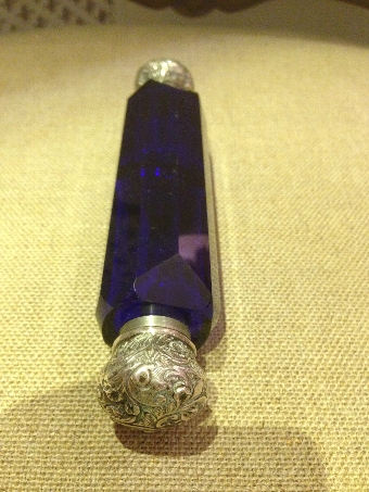 Antique Victorian Bristol Blue Glass and Silver Double Ended Scent Bottle