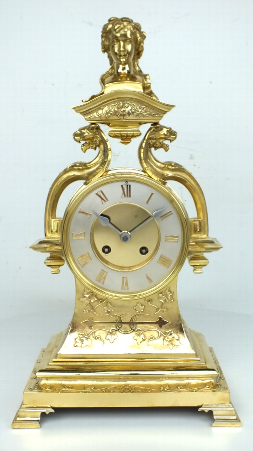 Great 19C French Bronze Ormolu Bust Mantel Clock - Original Antique Clocks