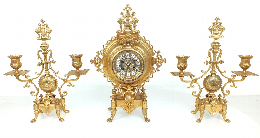 Gilt Metal Mantel Clock Garniture Candelabra Set - Original Antique Clocks