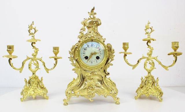 Stunning Ormolu Mantel Clock Garniture Candelabra Set - Original Antique Clocks