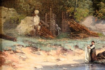 Antique The Washerwomen, Animated Landscape Of The Nineteenth Around Corot