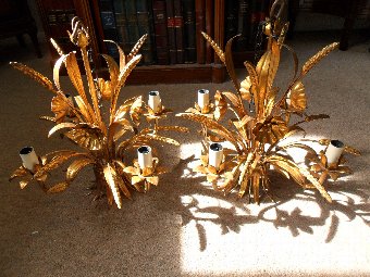 Pair of French Gilt Wheatsheaf Toleware Chandeliers