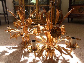 Antique Pair of French Gilt Wheatsheaf Toleware Chandeliers