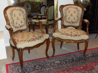 Pair of French Walnut Louis XV Style Tapestry Fauteuils