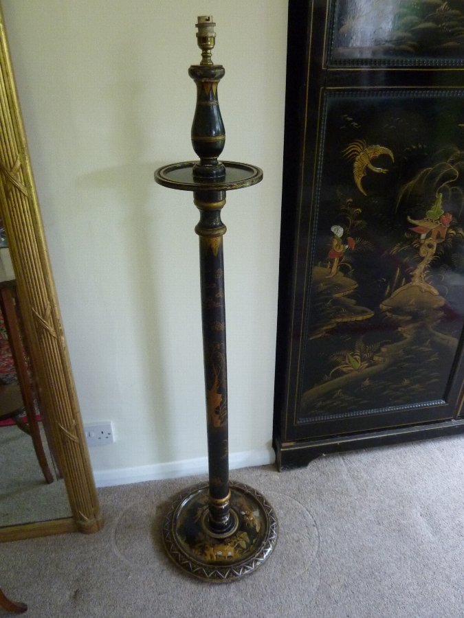 Antique Black Ebonised Chinoiserie Standard Lamp