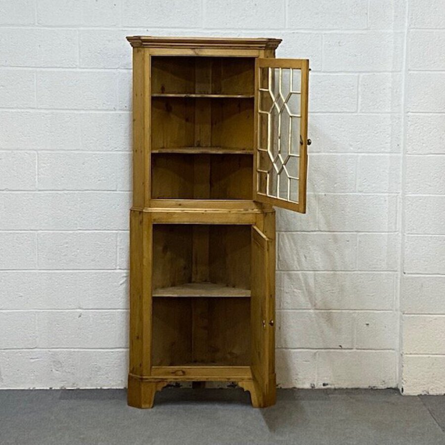 Antique LATE GEORGIAN PARTLY GIAZED PINE CORNER CABINET 
