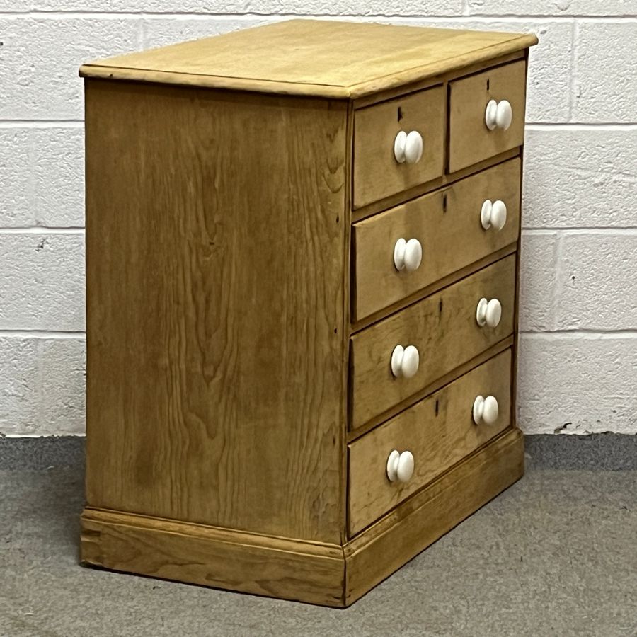 Antique Small Early Victorian Pine 2 Over 3 Chest Of Drawers With Porcelain Knobs (V4009B)