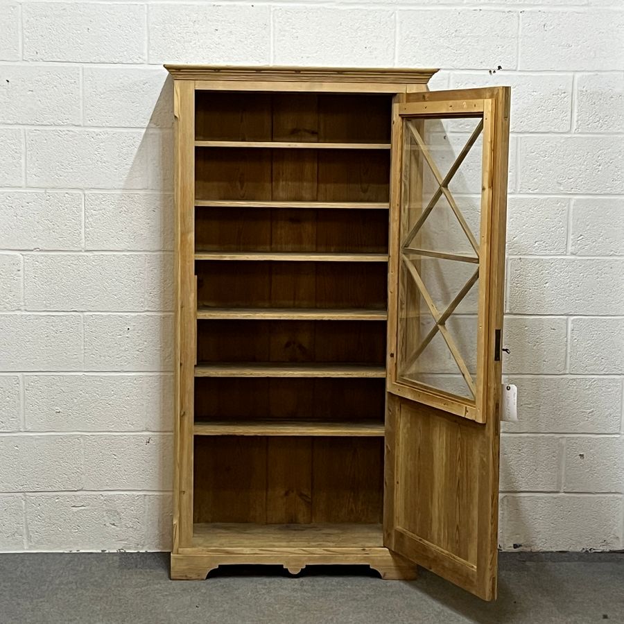 Antique Tall, Slender Old Pine Cupboard With Glazed Door (A6403D)