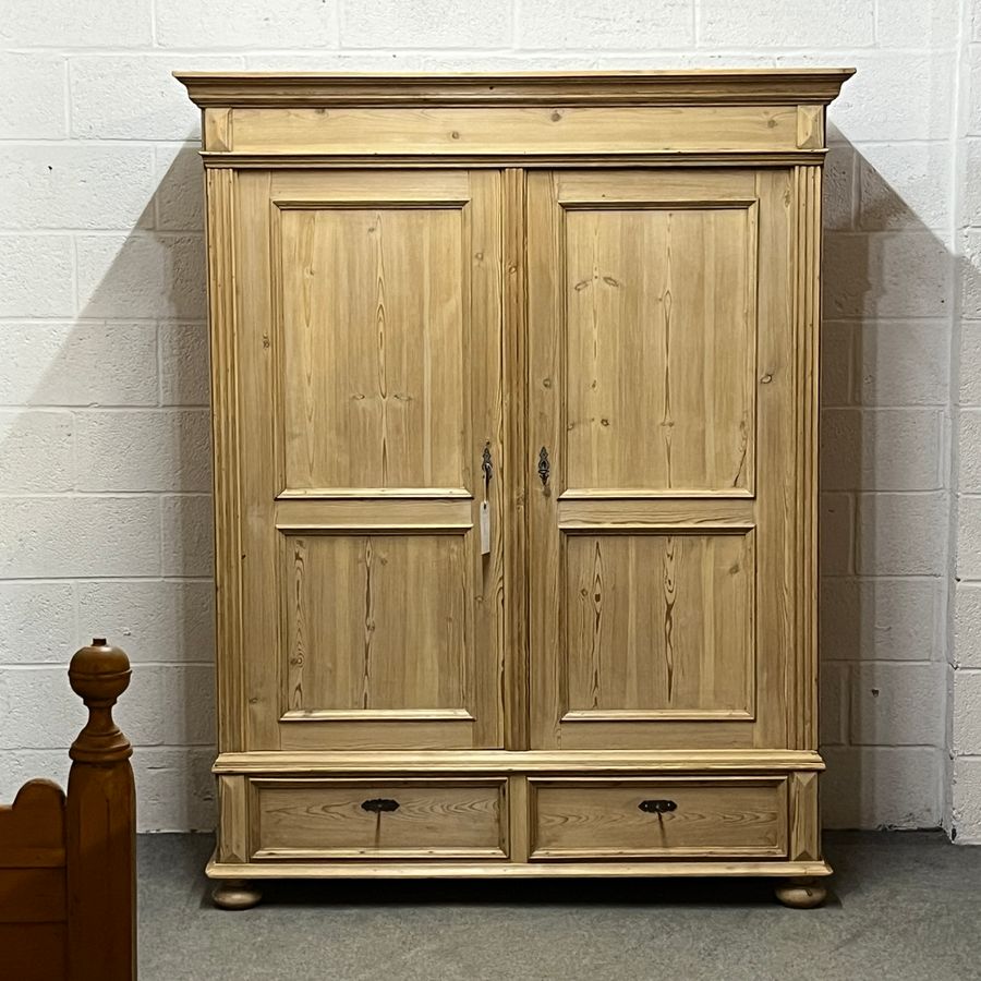 Large Antique Pine Double Wardrobe With Bottom Drawers (C5202F)