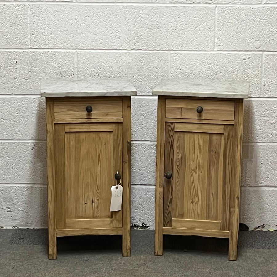 Pair Of Marble Top Antique Pine Bedside Cupboards (C5951C)