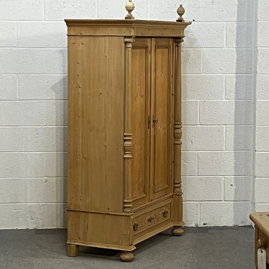 Antique Small Column Antique Pine Double Wardrobe With Bottom Drawer (D1805D)