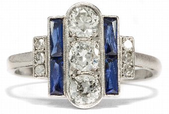 Art Deco Platinum Ring with Brilliants Wesselton Diamonds & Sapphires.