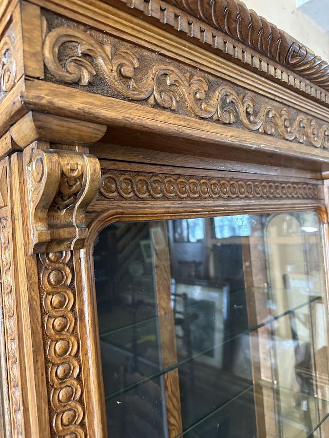 Antique 19th Century Carved Oak Two Part Bookcase / Cabinet