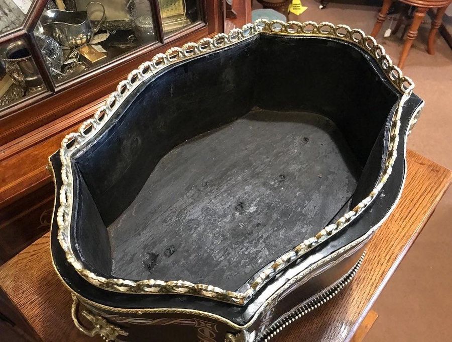 Antique 19th Century Gilt M.O.P and Brass Inlaid Ebonized Serpentine Planter.