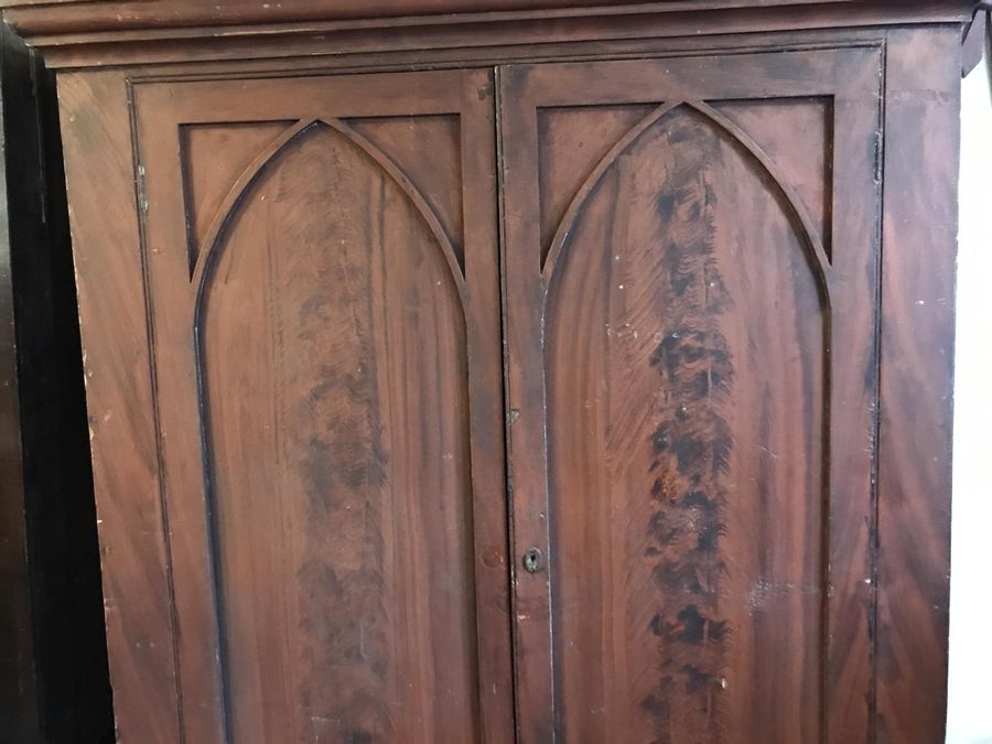 Antique Good Pine Original Gothic Design Victorian Cupboard