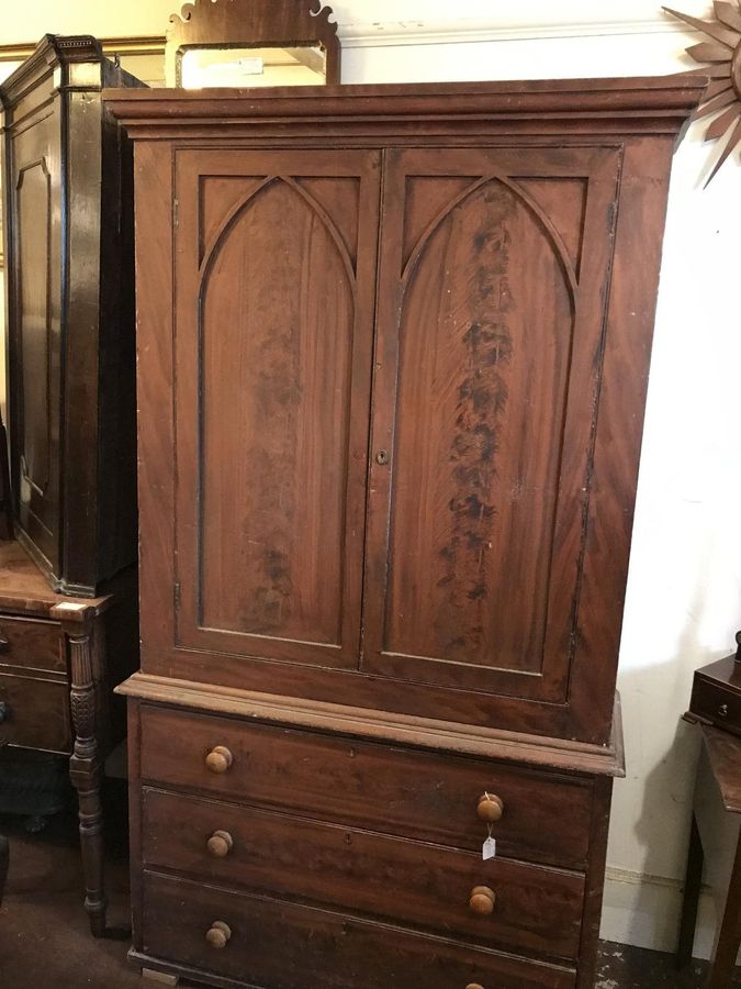 Antique Good Pine Original Gothic Design Victorian Cupboard