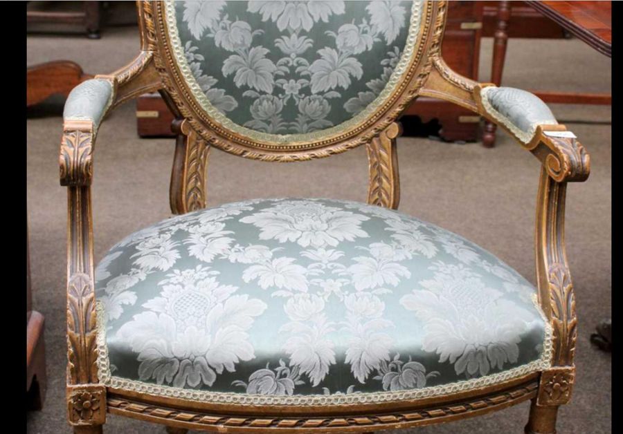 Antique Nice Gilt French Armchair in a Blue Damask