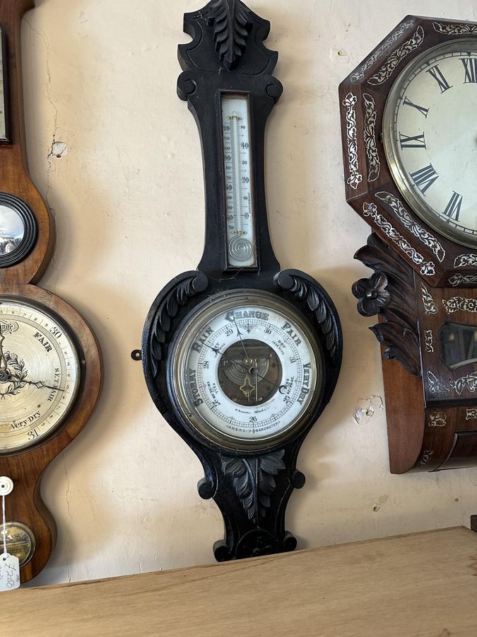 Antique Quality Well Carved Aneroid Oak Barometer