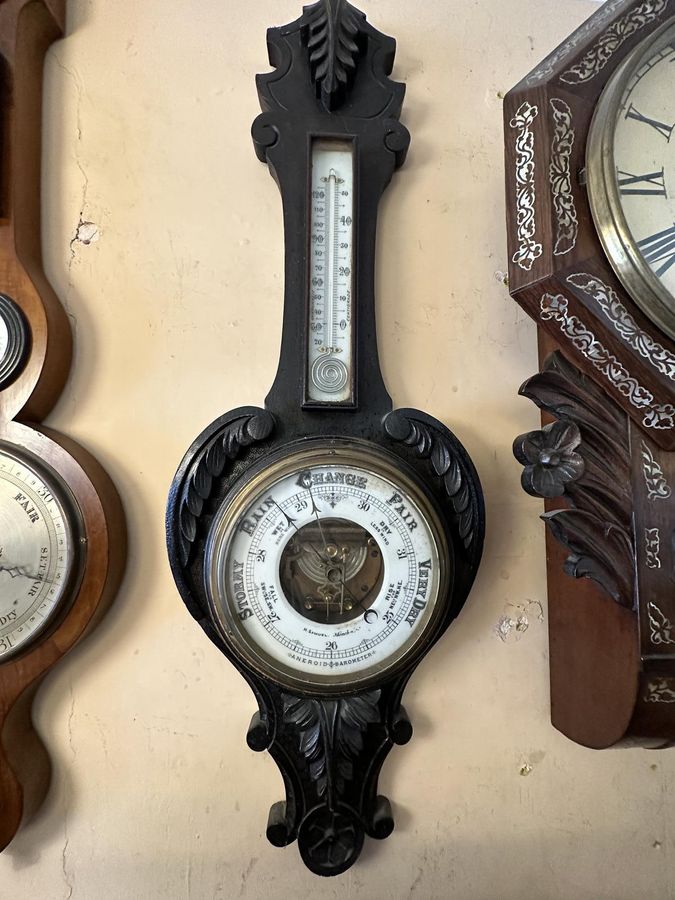 Antique Quality Well Carved Aneroid Oak Barometer