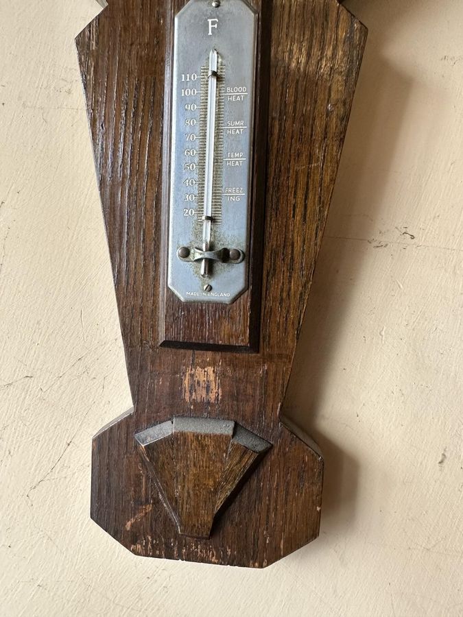 Antique Unusual Art Deco Oak Barometer & Thermometer