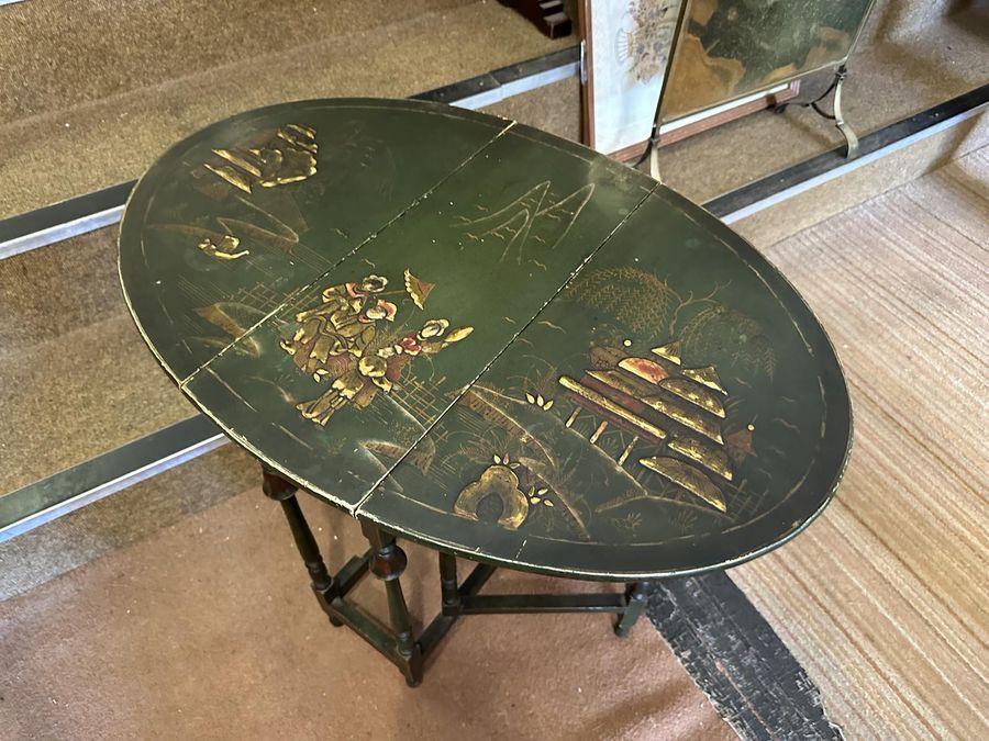 Antique Unusual Green Oriential Decorated Lacquered Occasional Sutherland Table