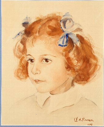 Antique YOUNG GIRL WITH BLUE RIBBON