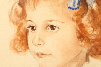 Antique YOUNG GIRL WITH BLUE RIBBON