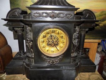 Antique large black slate mantel clock