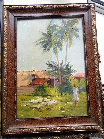 Antique figure beneath palm trees