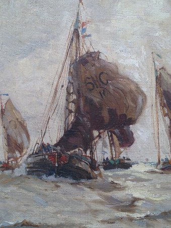 Antique FRANK HENRY MASON (1875-1965) OIL PAINTING DUTCH HERRING BOATS FROM SCHEVENINGEN SIGNED & DATED 1898