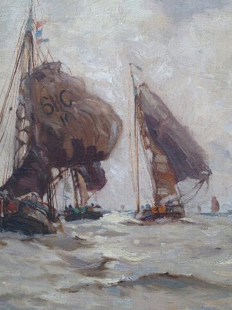 Antique FRANK HENRY MASON (1875-1965) OIL PAINTING DUTCH HERRING BOATS FROM SCHEVENINGEN SIGNED & DATED 1898